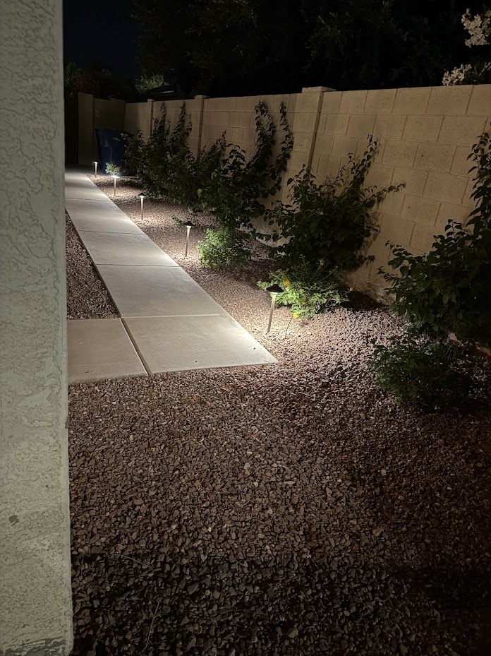 Nighttime garden walkway with decorative lights