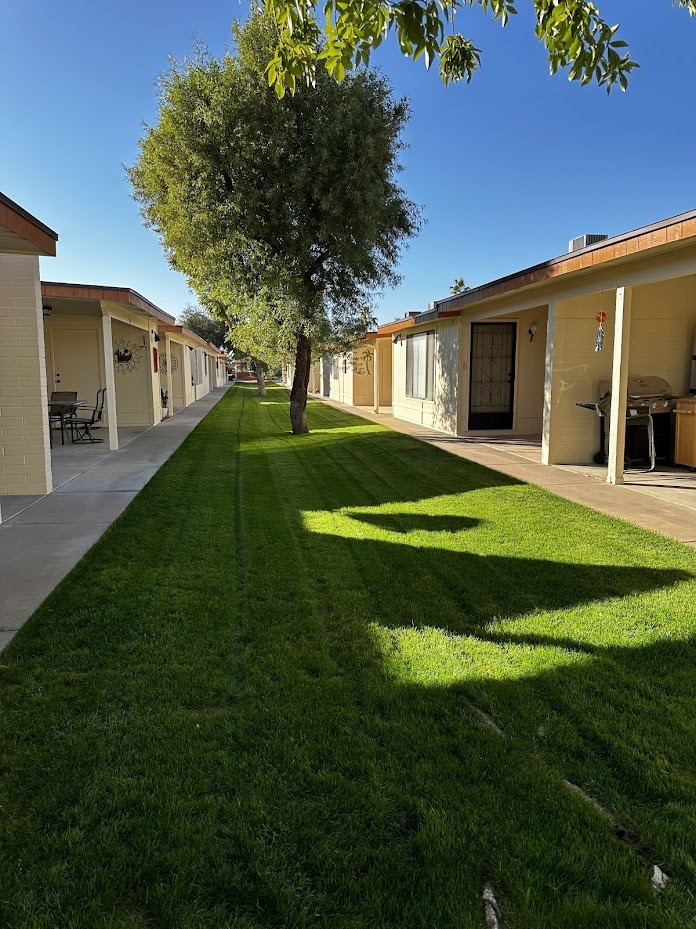 Sunlit walkway between residential buildings with green lawn.
