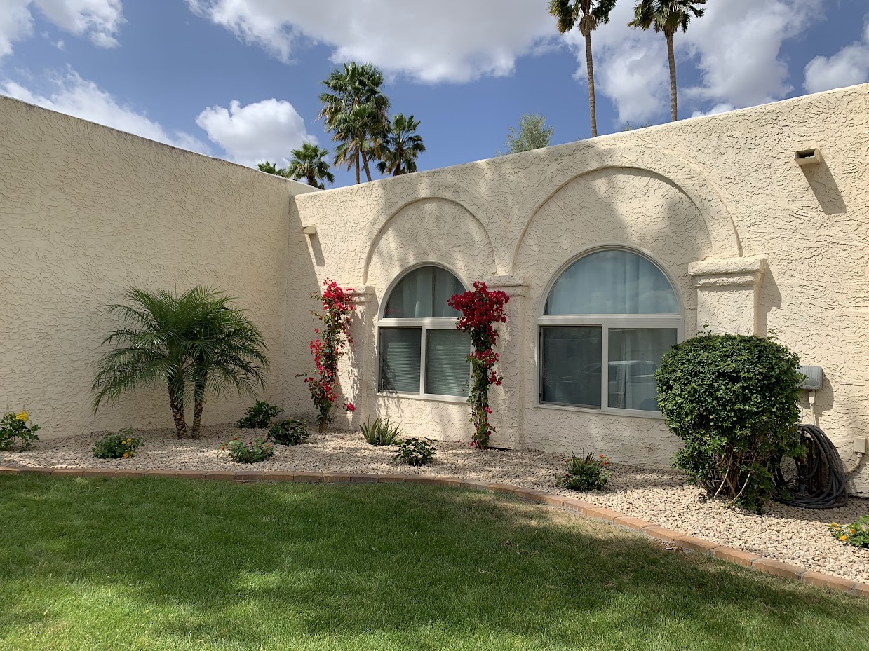 Desert garden with palm trees and stucco building.
