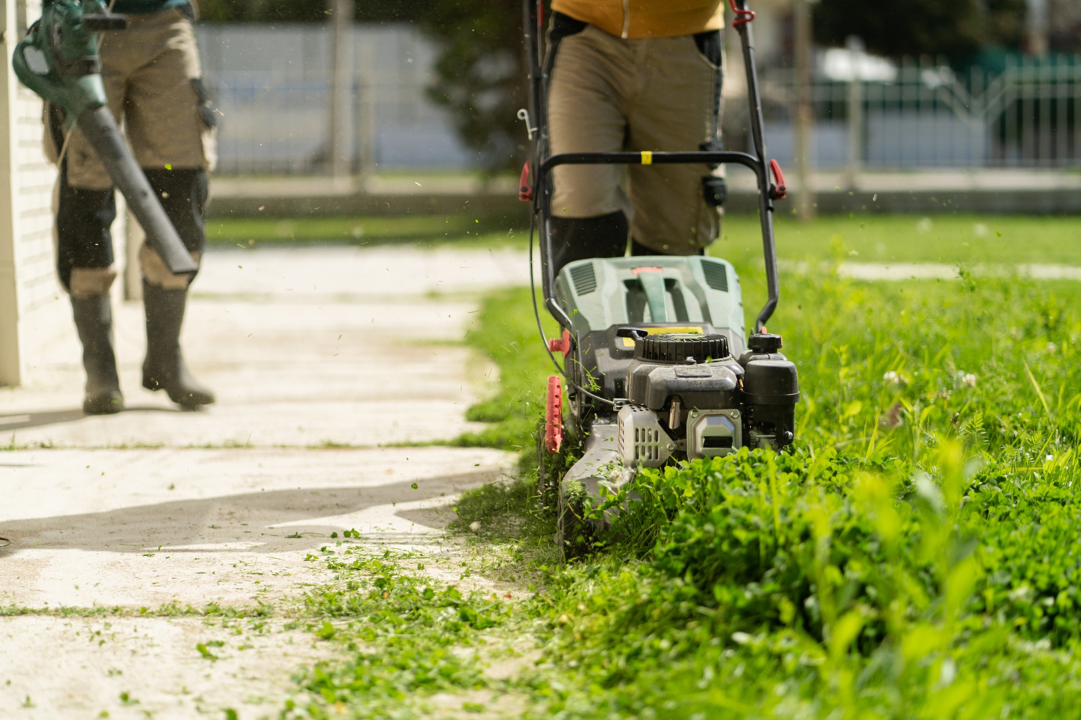 Lawn mower and leaf blower in action