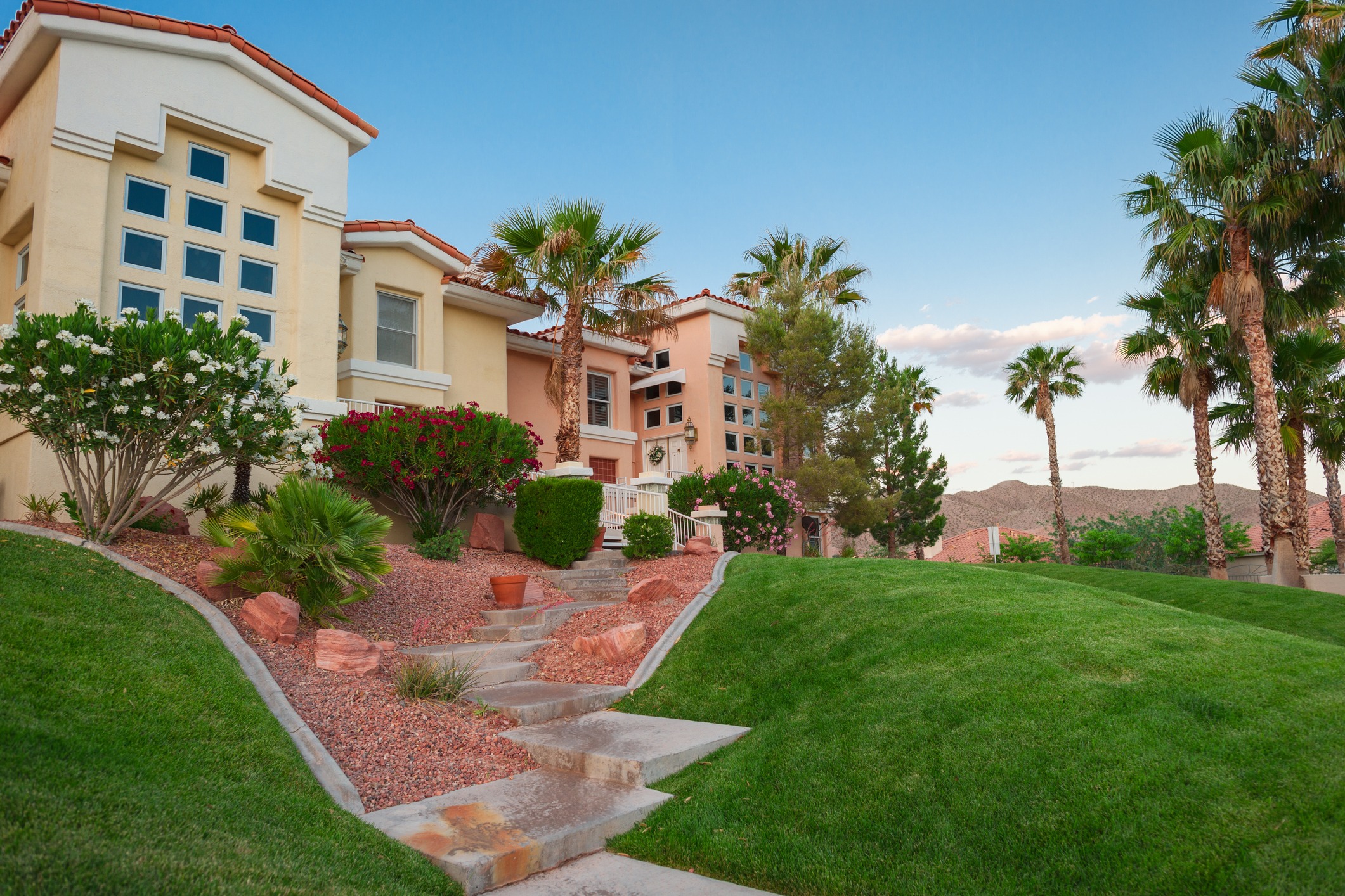 Modern desert home with palm trees and mountains.