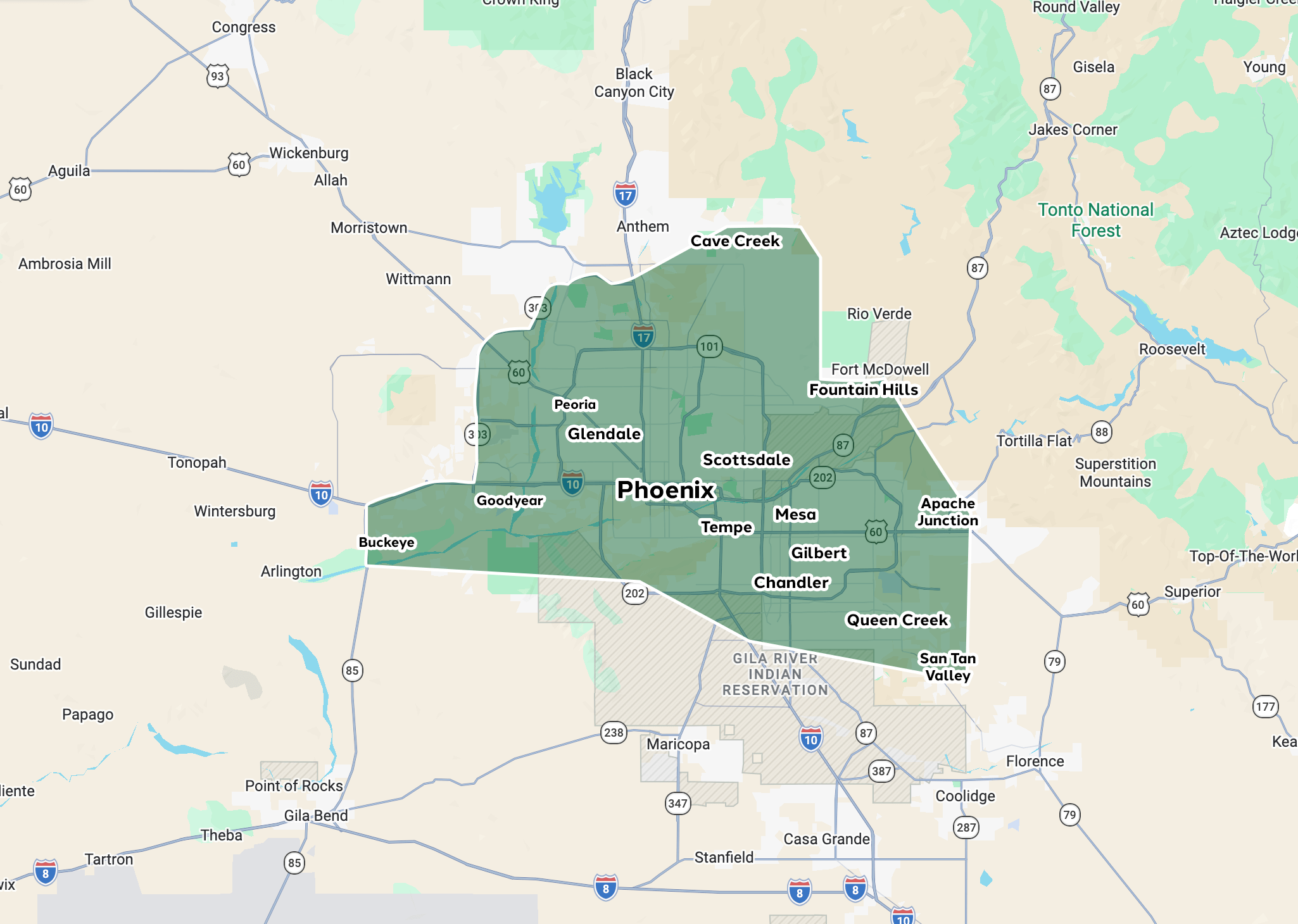 Map of Phoenix and surrounding areas.