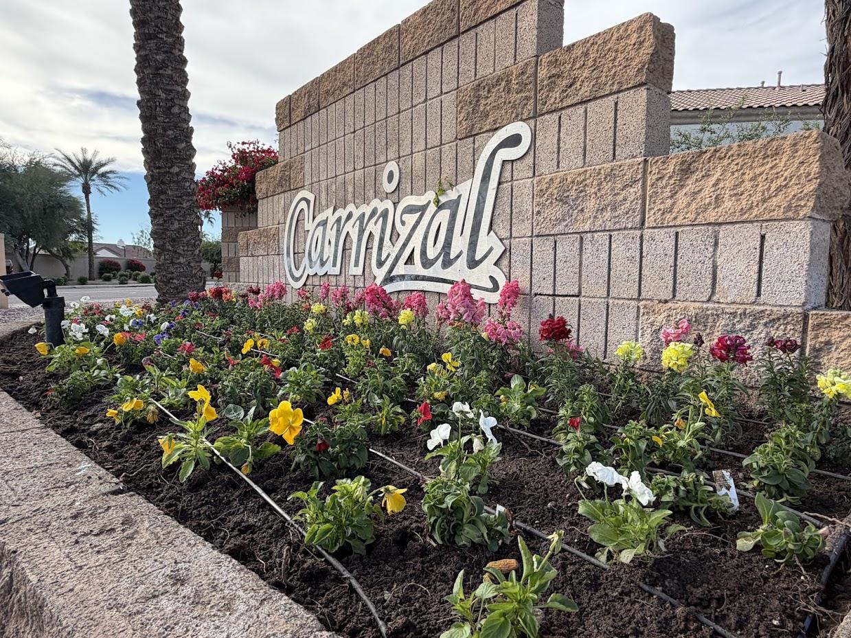 Colorful flower bed at the Carrizal HOA community entrance sign