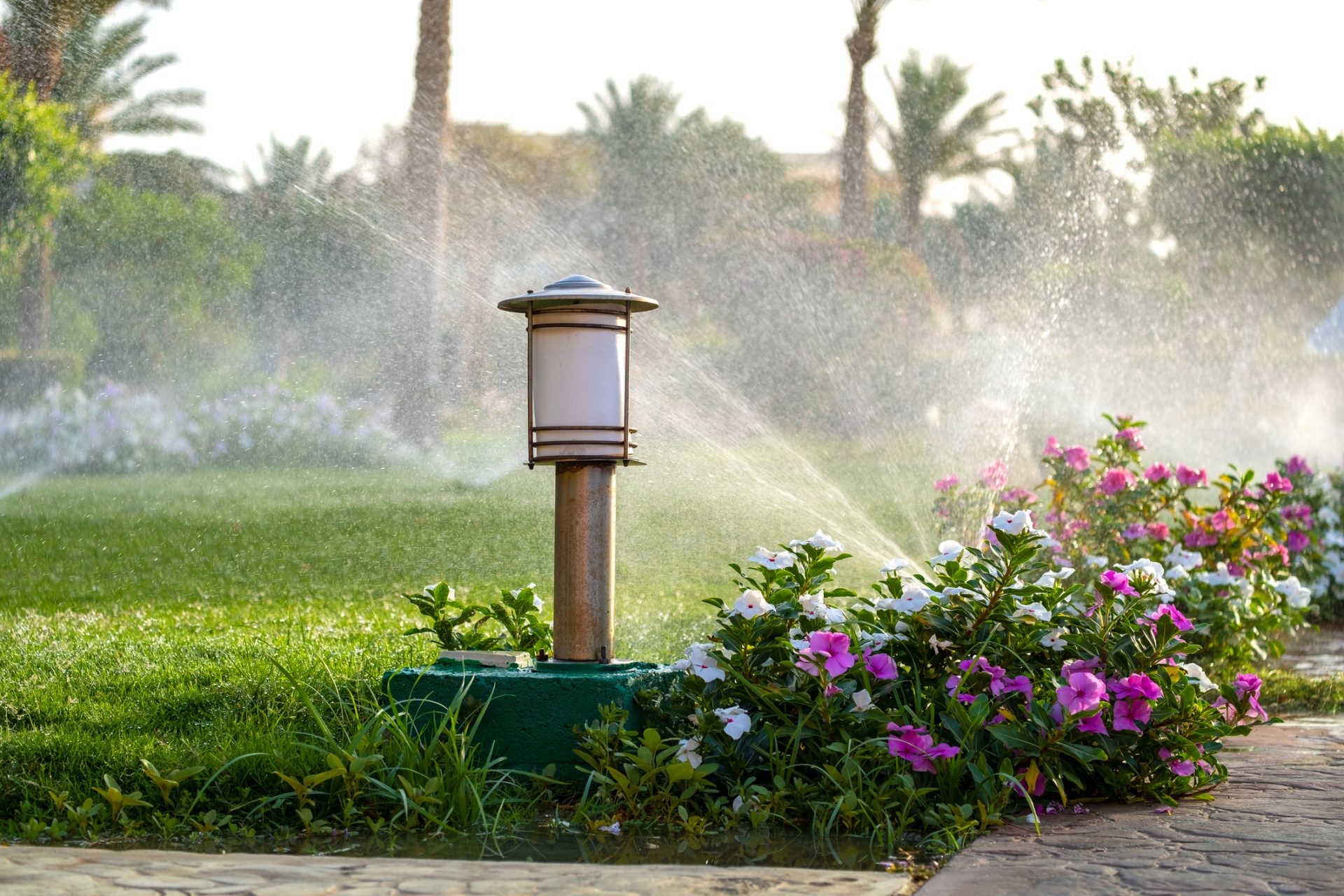 Garden lantern surrounded by flowers and sprinklers